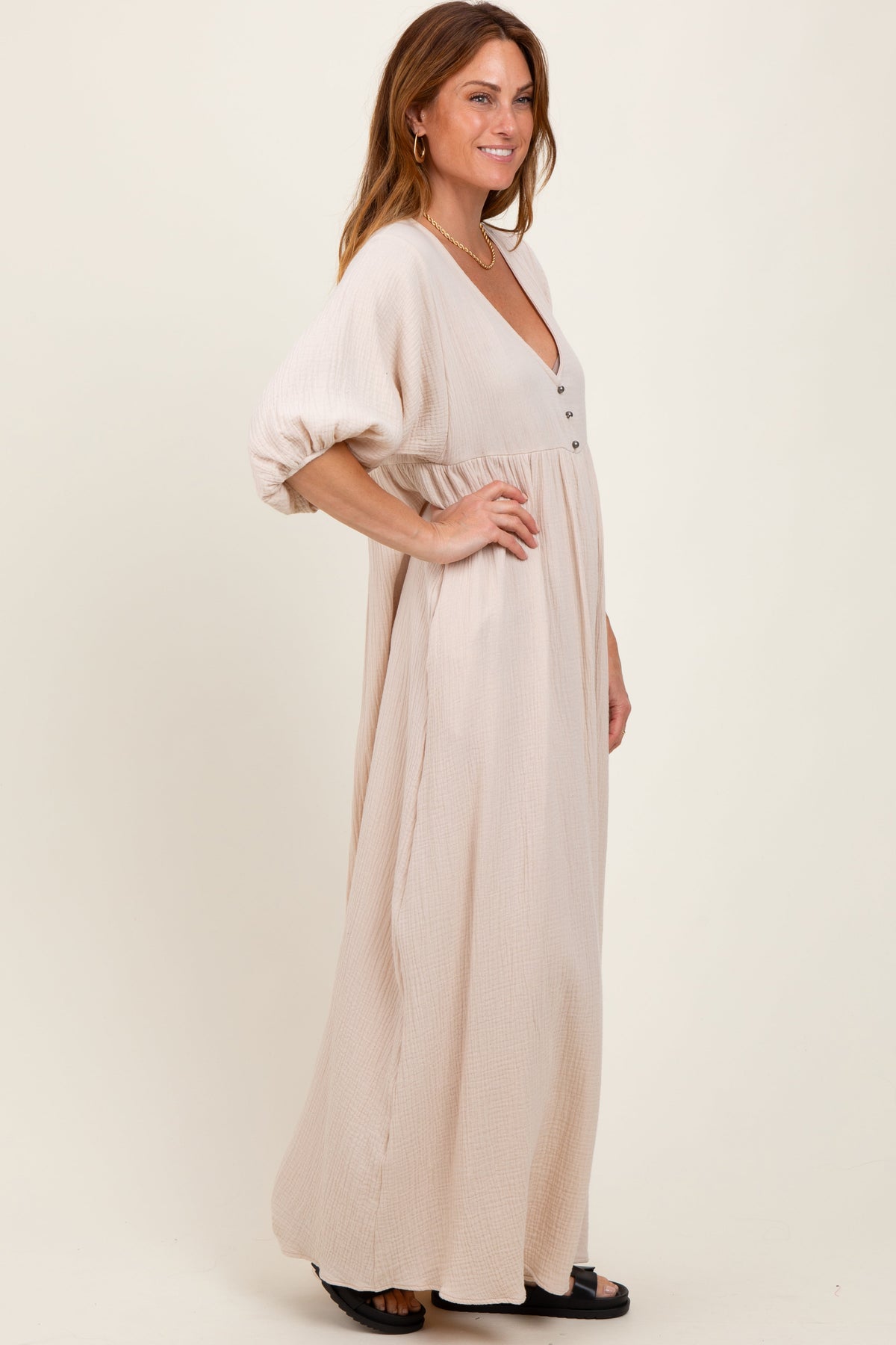 Beige Solid Woven Elbow Sleeve V-Neck Button Down Maxi Dress