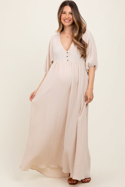 Beige Solid Woven Elbow Sleeve V-Neck Button Down Maternity Maxi Dress