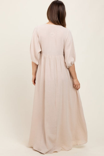 Beige Solid Woven Elbow Sleeve V-Neck Button Down Maternity Maxi Dress