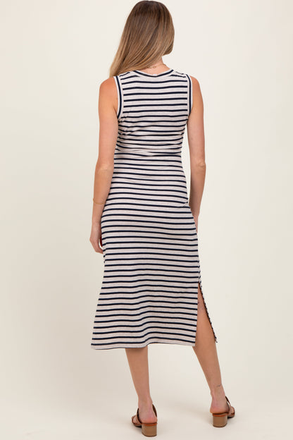 Beige Striped Sleeveless Side Slit Maternity Midi Dress