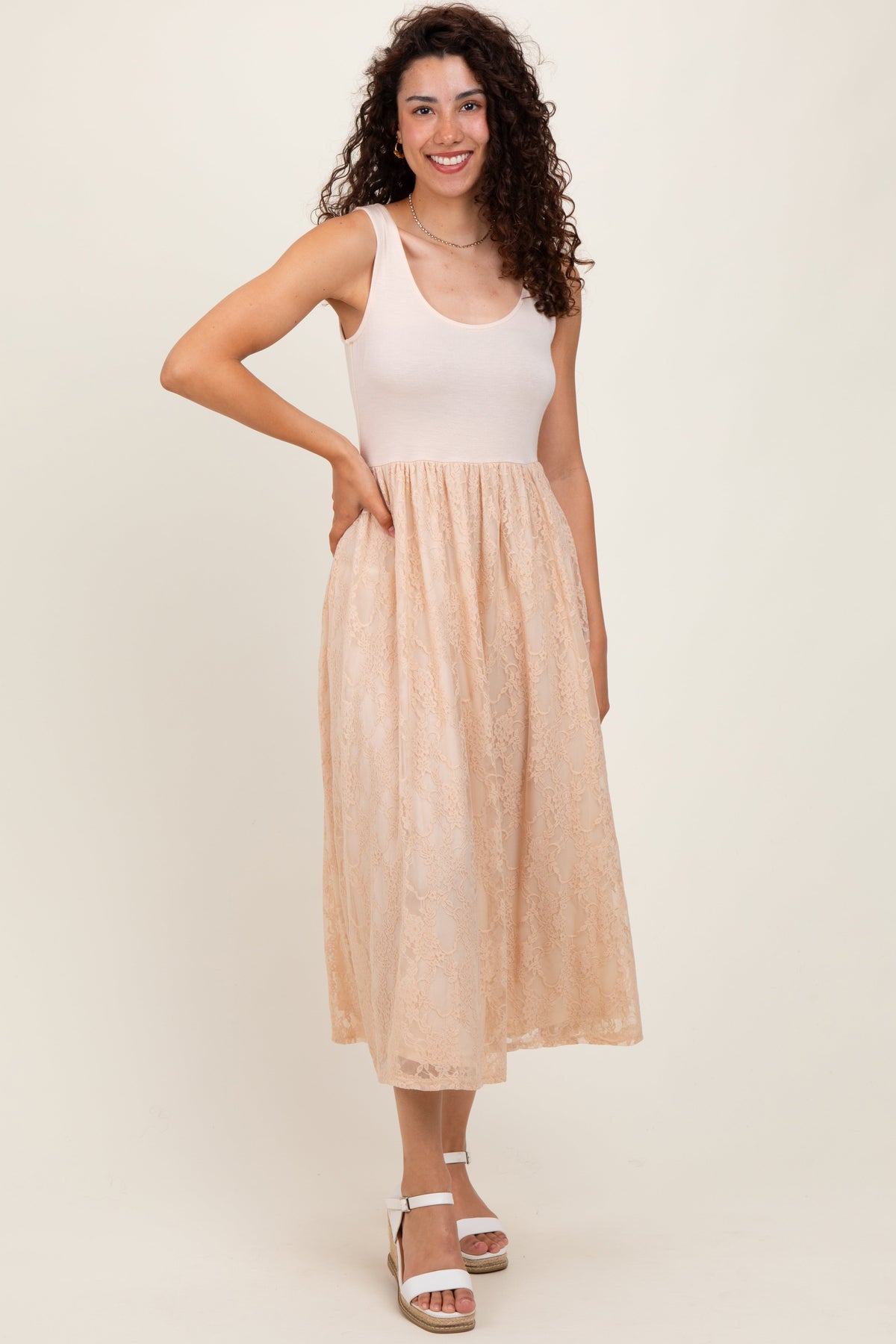 Beige Solid Tank Top Lace Skirt Maternity Midi Dress