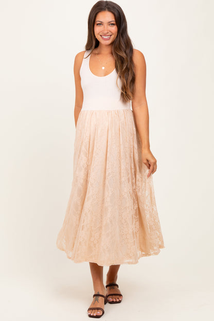 Beige Solid Tank Top Lace Skirt Maternity Midi Dress