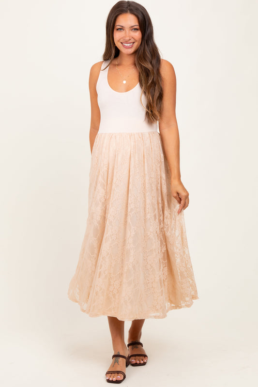 Beige Solid Tank Top Lace Skirt Maternity Midi Dress