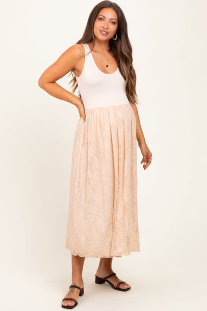 Beige Solid Tank Top Lace Skirt Maternity Midi Dress