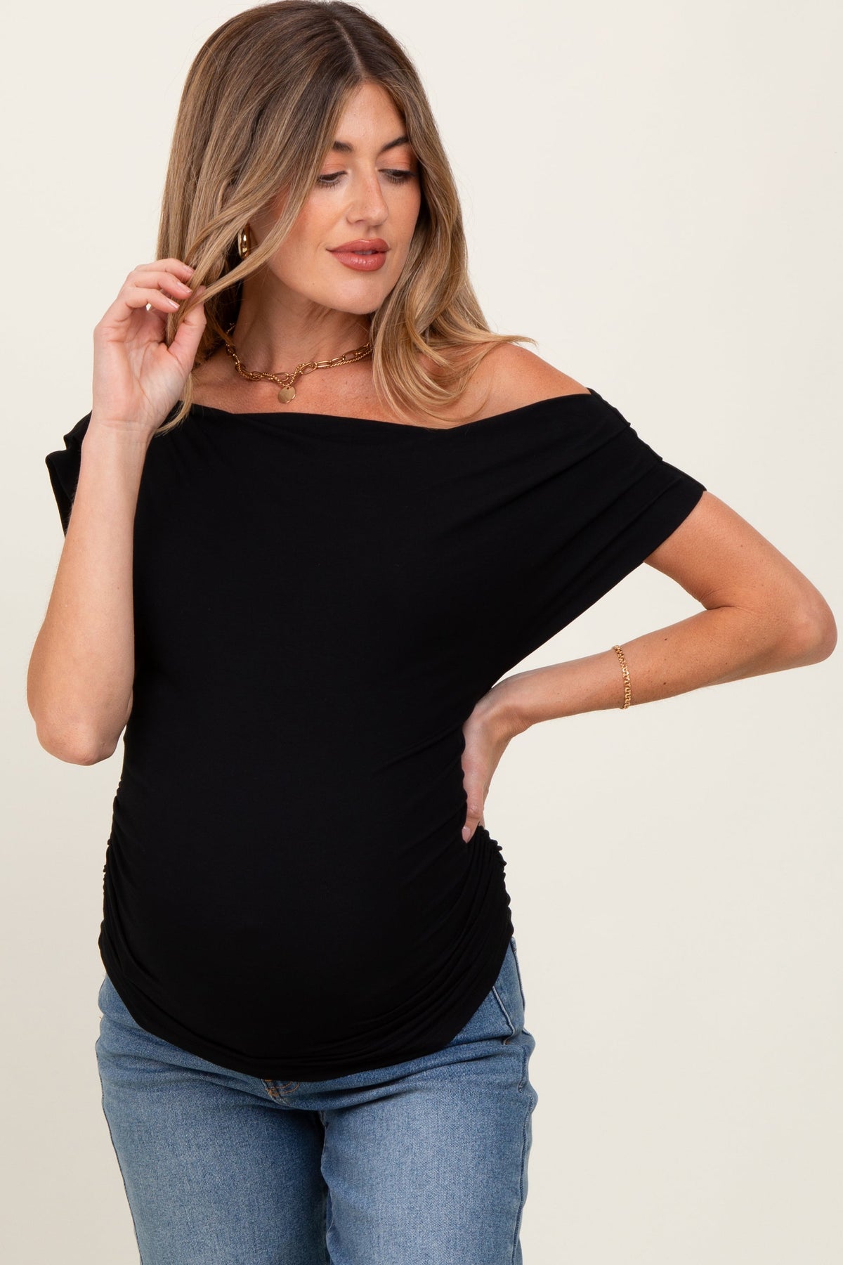 Black Asymmetrical Neck Line Ruched Knit Maternity Top