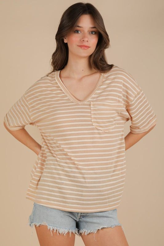 Beige Striped Oversized V-Neck Front Pocket T-Shirt