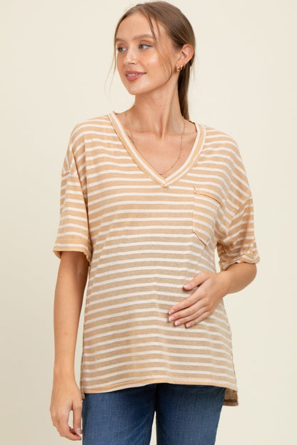 Beige Striped Oversized V-Neck Front Pocket Maternity T-Shirt