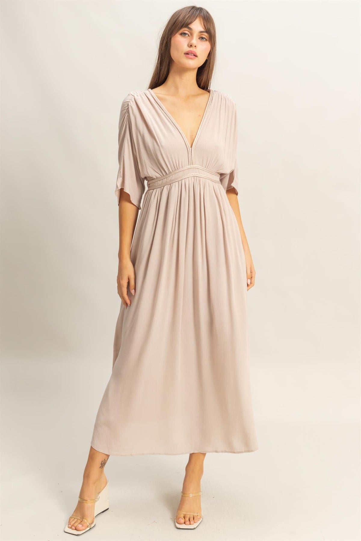 Beige V-Neck Braid Detail Maxi Dress