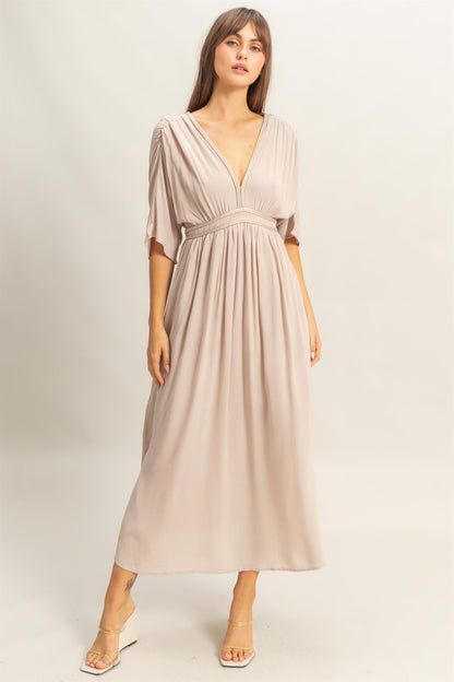 Beige V-Neck Braid Detail Maxi Dress
