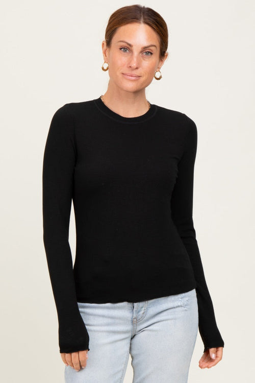 Black Basic Ribbed Knit Long Sleeve Top