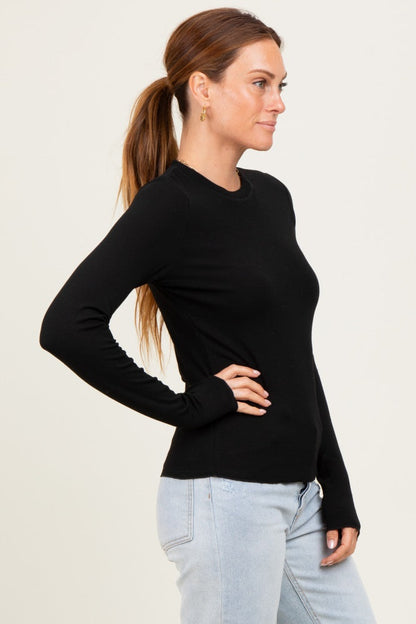 Black Basic Ribbed Knit Long Sleeve Top