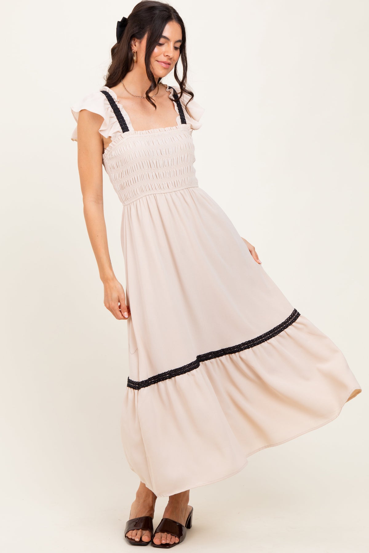 Beige Smocked Lace Detail Midi Dress