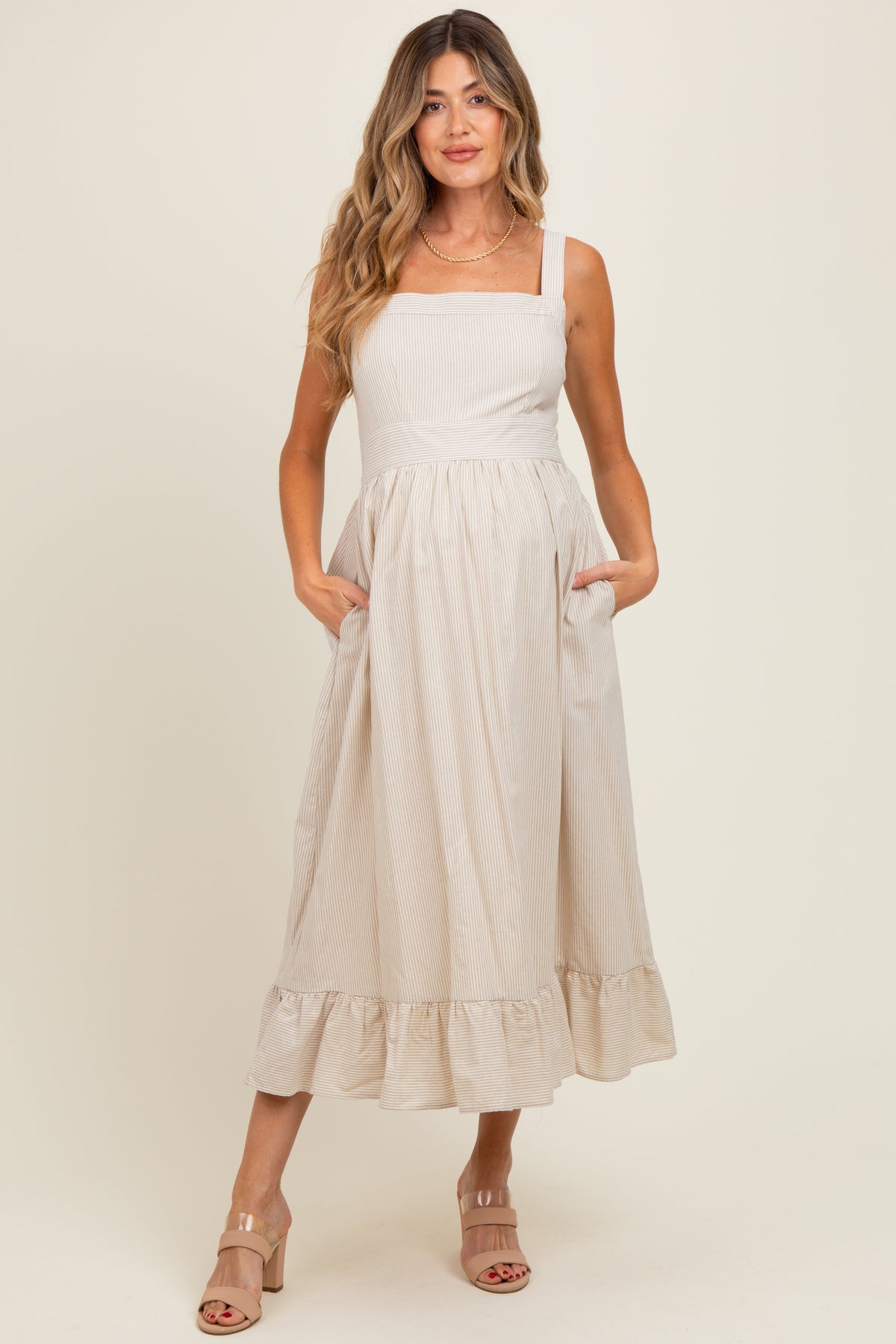 Beige Striped Cotton Sleeveless Maternity Dress