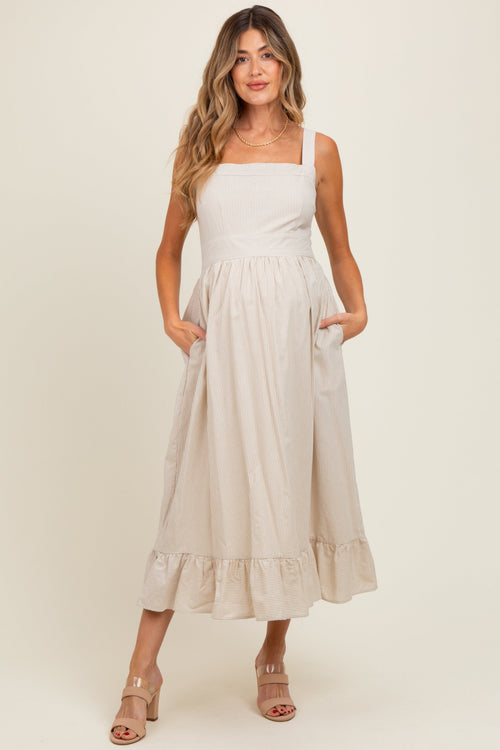 Beige Striped Cotton Sleeveless Maternity Dress