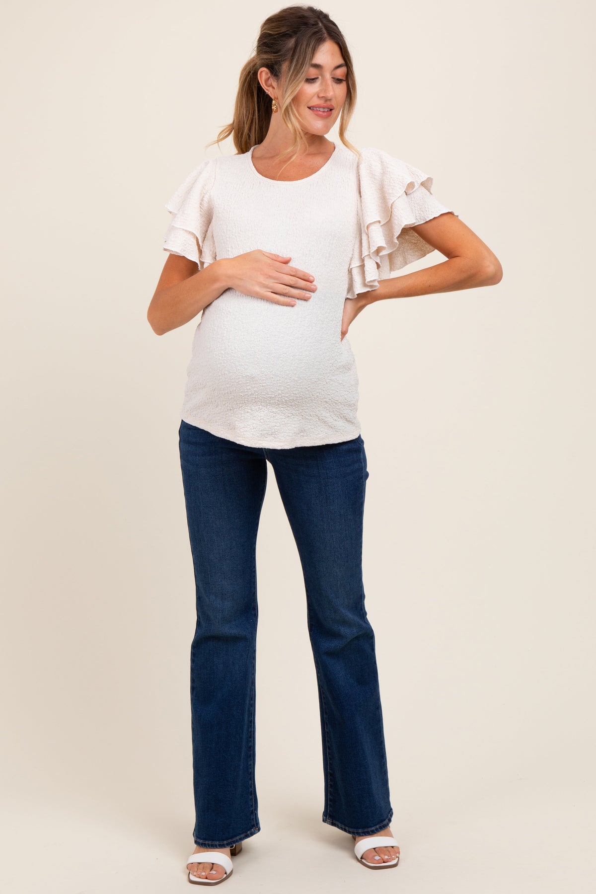 Beige Textured Ruffle Sleeve Maternity Top