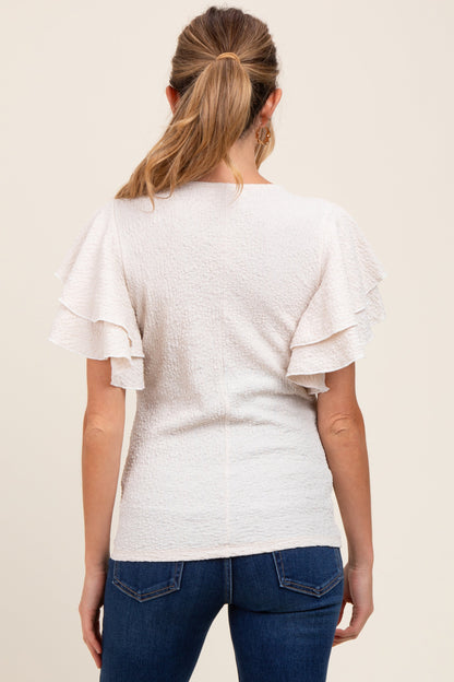 Beige Textured Ruffle Sleeve Maternity Top