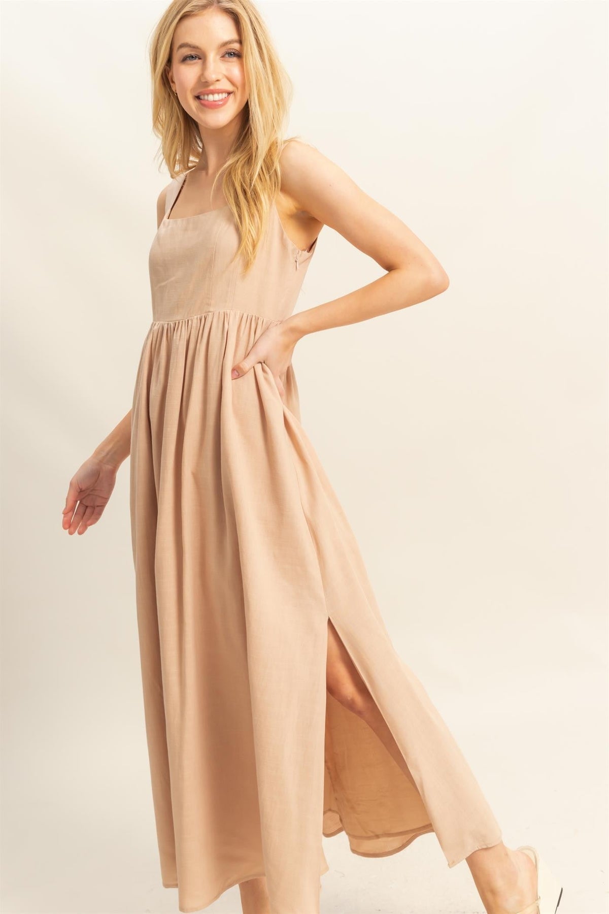 Beige Square Neck Fit And Flare Midi Dress