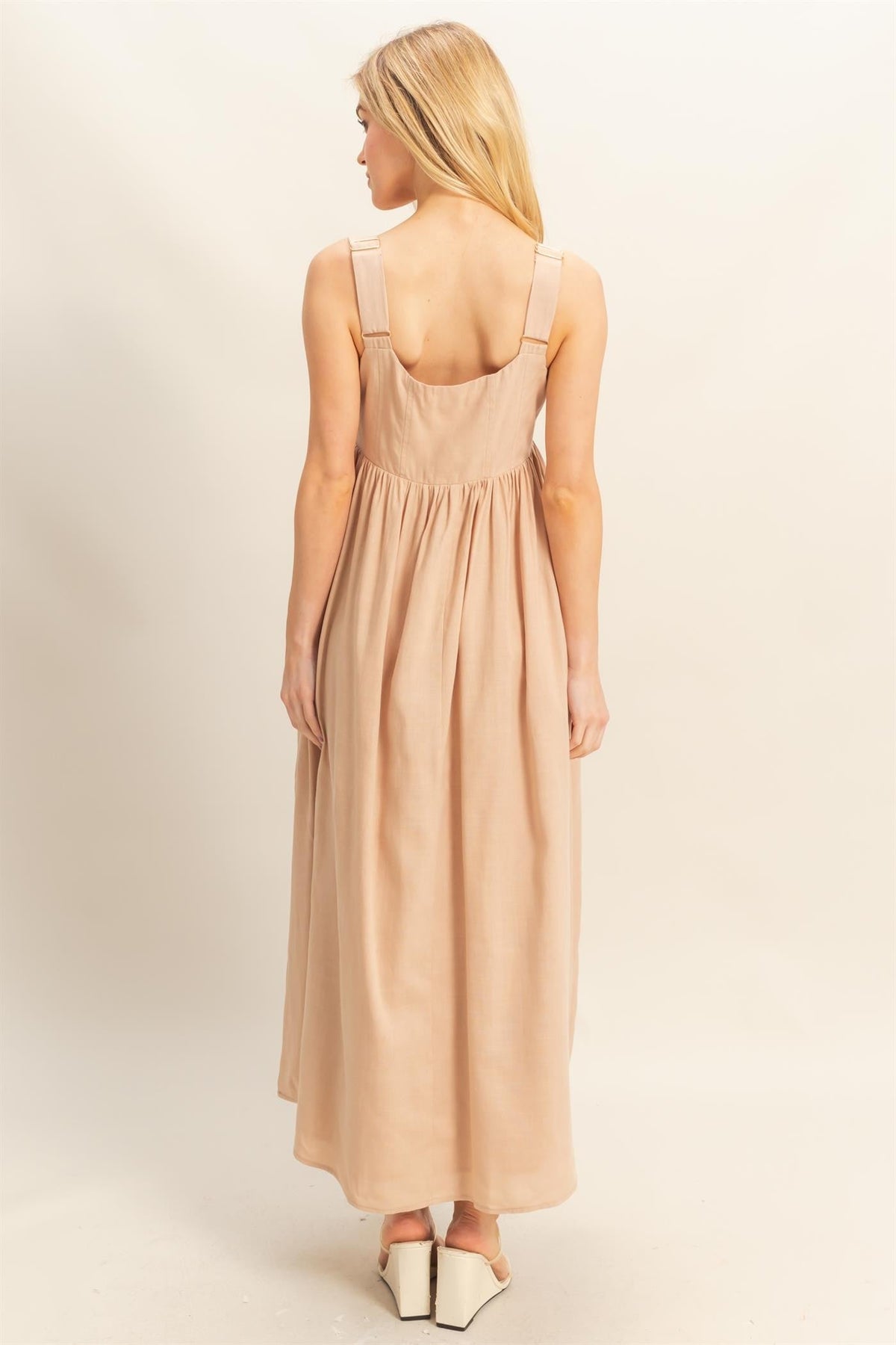 Beige Square Neck Fit And Flare Midi Dress