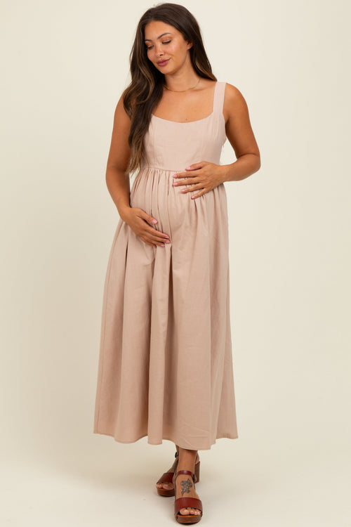 Beige Square Neck Fit And Flare Maternity Midi Dress