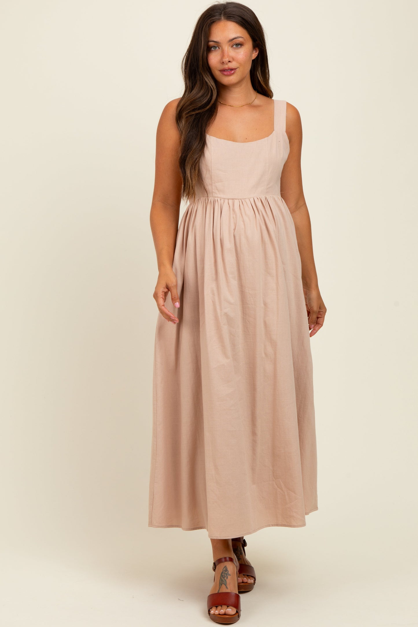 Beige Square Neck Fit And Flare Maternity Midi Dress