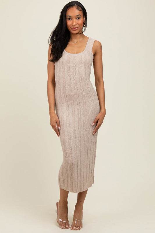 Beige Wide Ribbed Sweater Knit Midi Dress