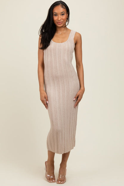 Beige Wide Ribbed Sweater Knit Maternity Midi Dress