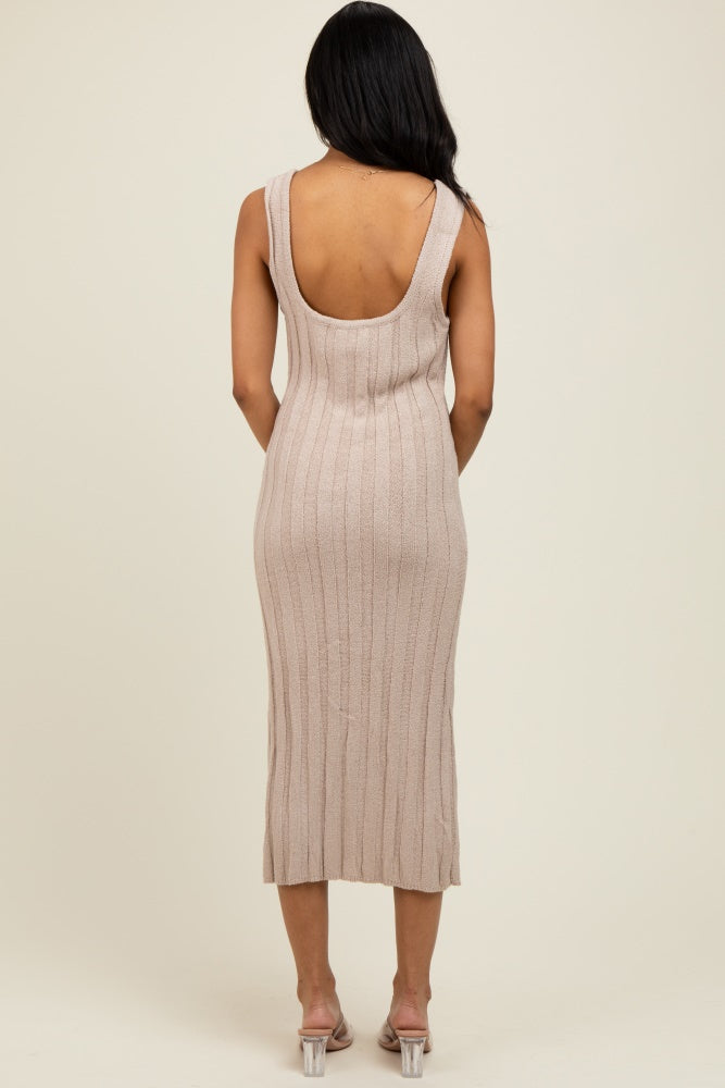 Beige Wide Ribbed Sweater Knit Midi Dress