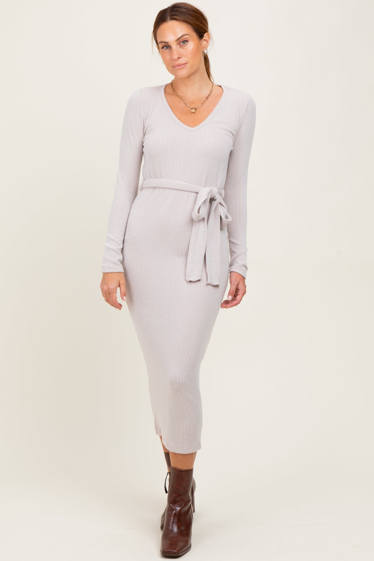 Beige Solid Brushed Rib  Long Sleeve V-Neck Fitted Midi Dress