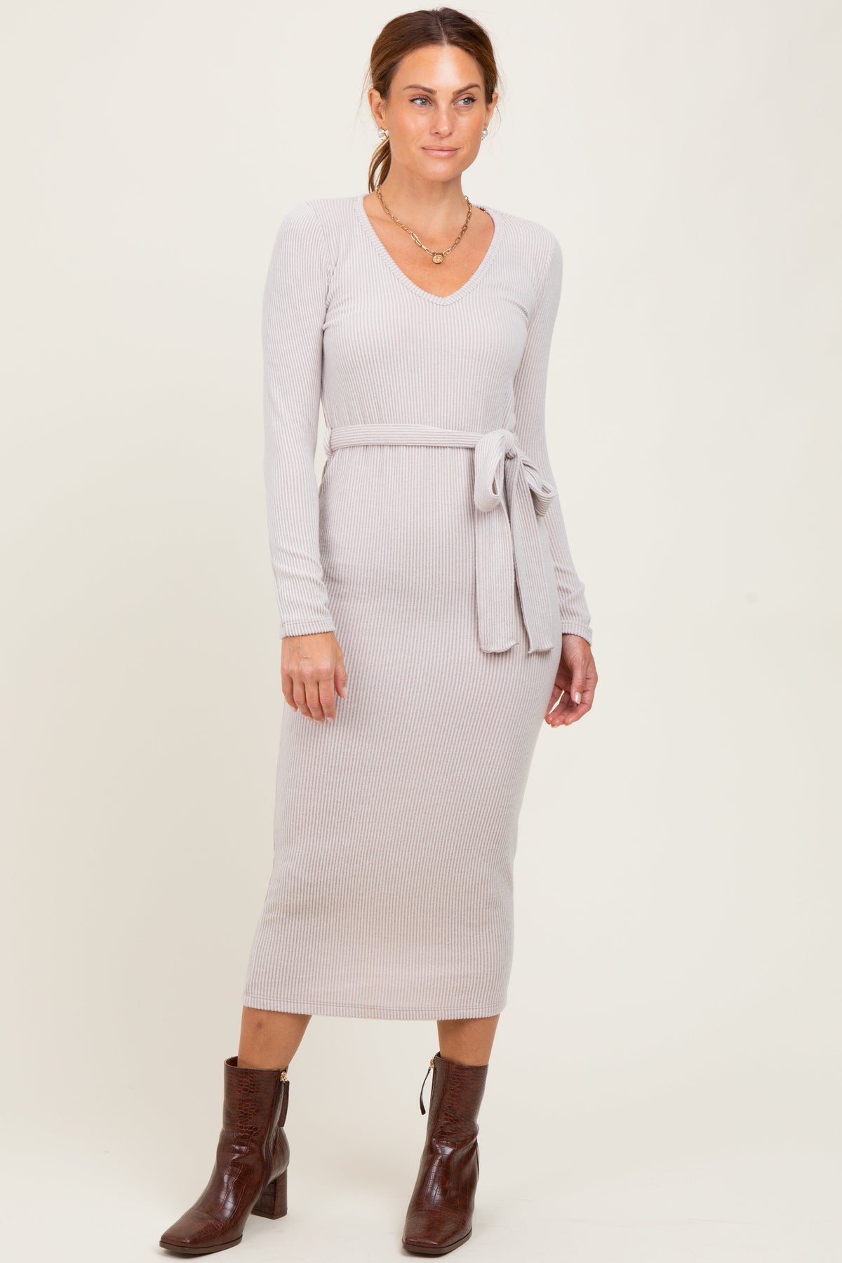 Beige Solid Brushed Rib  Long Sleeve V-Neck Fitted Midi Dress