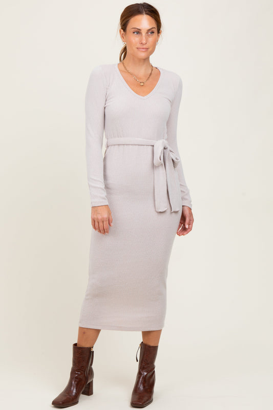 Beige Solid Brushed Rib  Long Sleeve V-Neck Fitted Midi Dress
