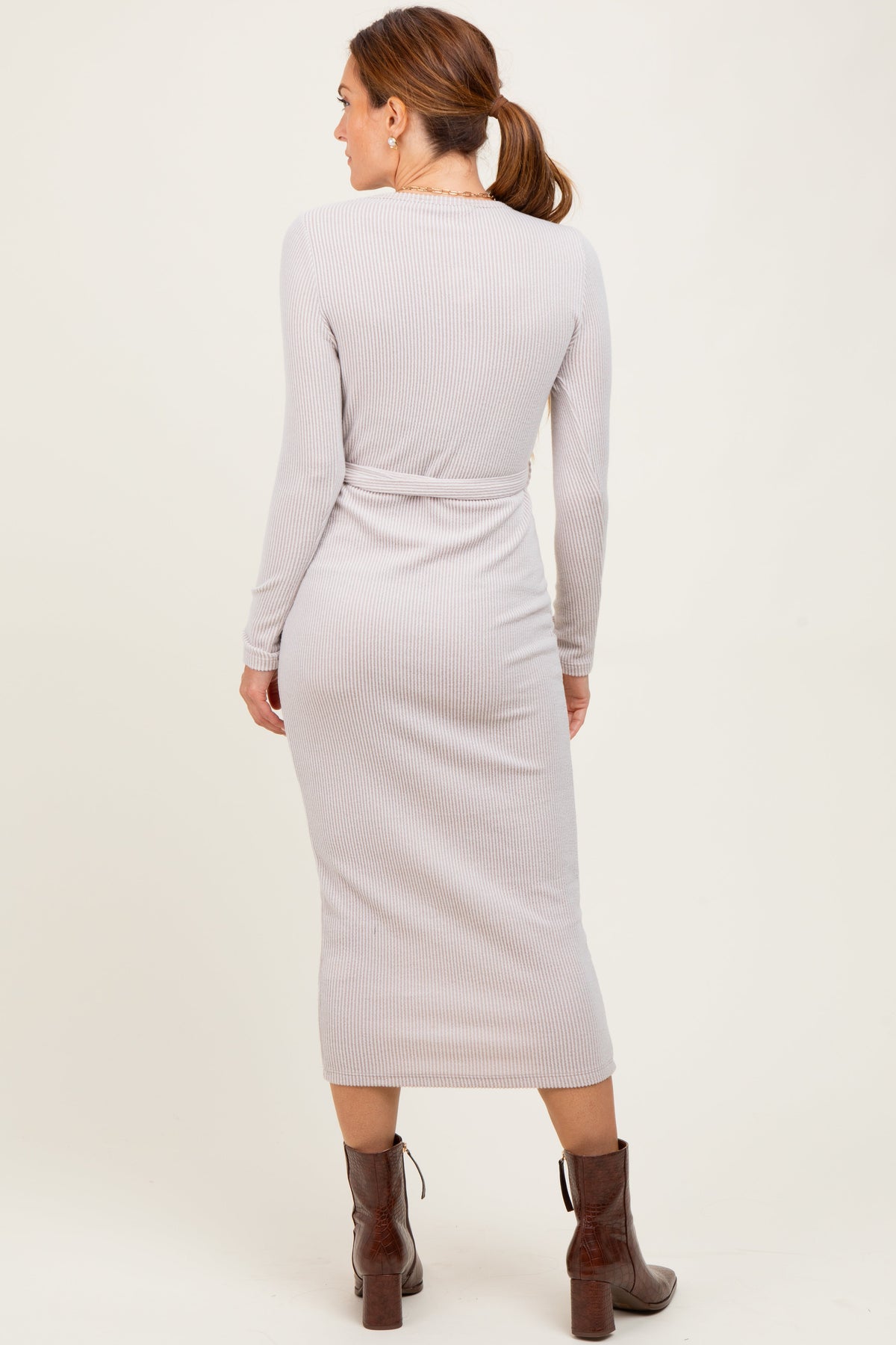 Beige Solid Brushed Rib  Long Sleeve V-Neck Fitted Midi Dress