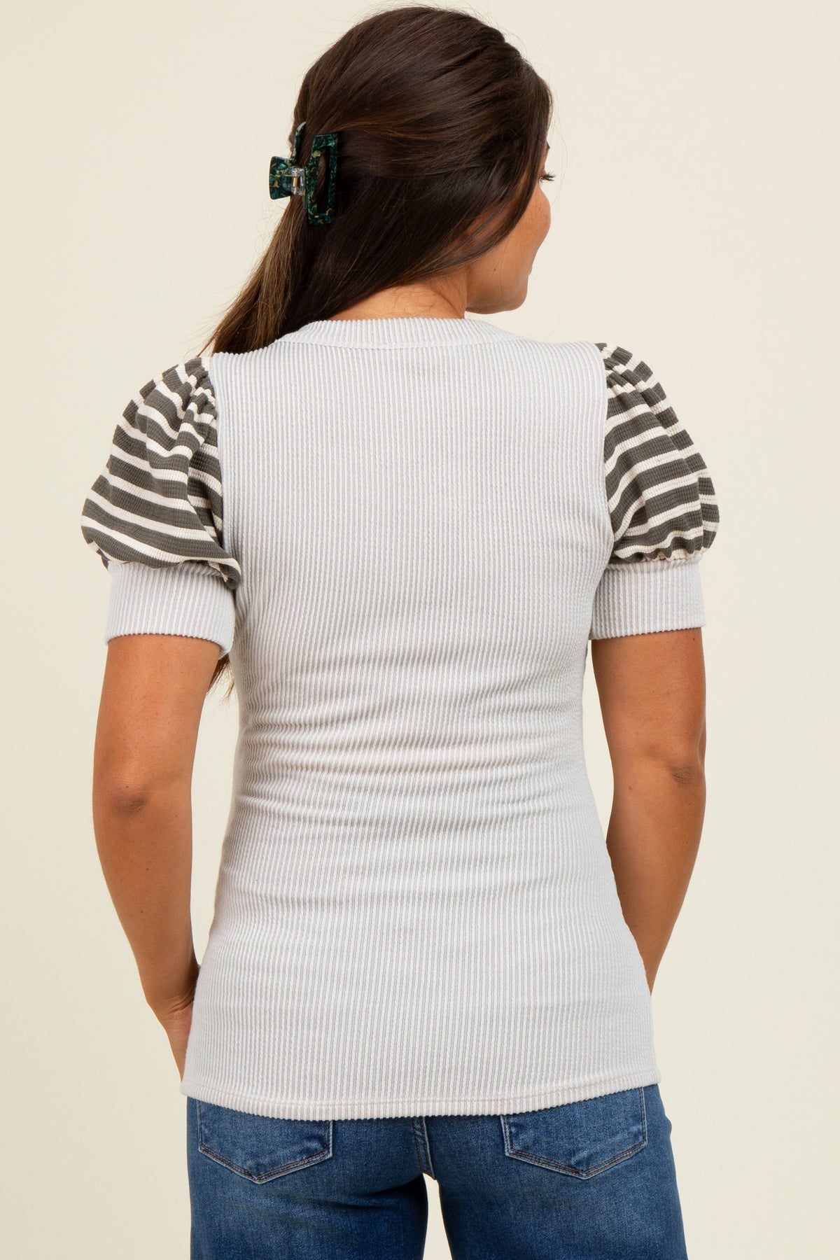 Beige/Olive Striped Ribbed Short Puff Sleeve V-Neck Maternity Top
