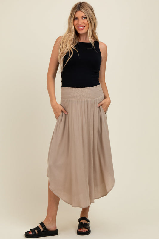 Beige Smocked Waist Rounded Hem Maternity Skirt