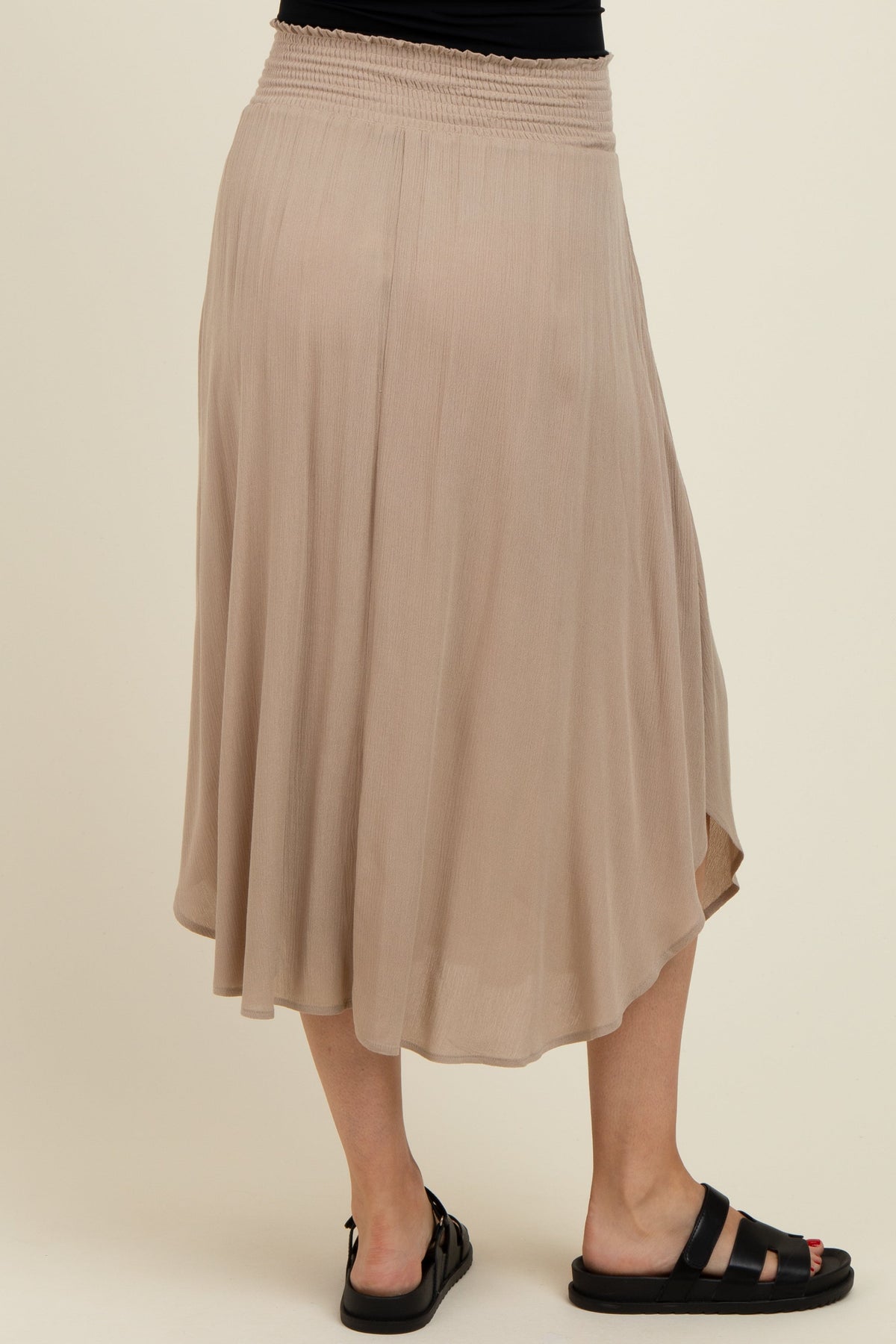Beige Smocked Waist Rounded Hem Maternity Skirt