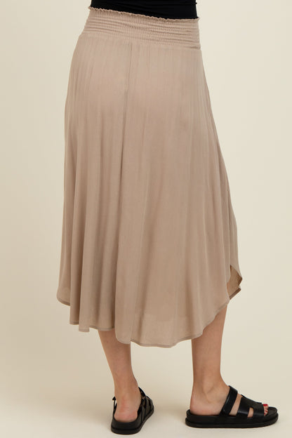 Beige Smocked Waist Rounded Hem Maternity Skirt