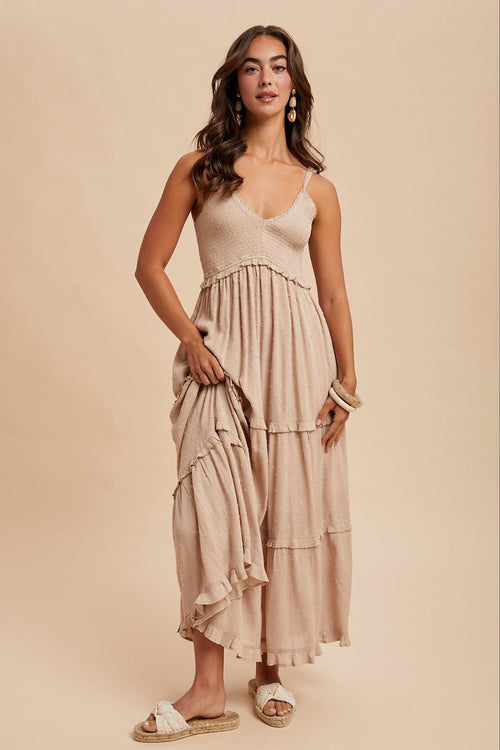 Beige Swiss Dot Smocked Sleeveless Maxi Dress