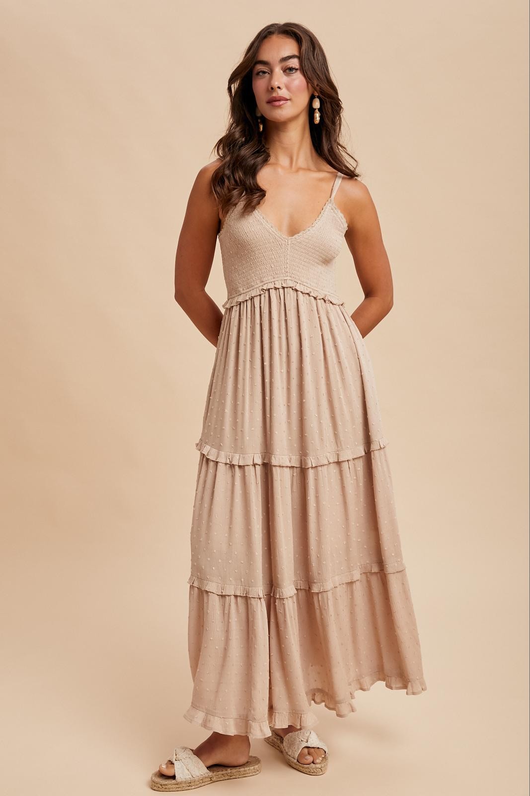 Beige Swiss Dot Smocked Sleeveless Maxi Dress