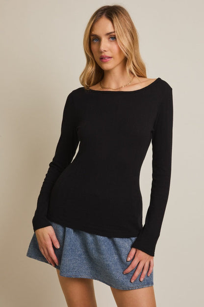 Black Boat Neck Long Sleeve Top