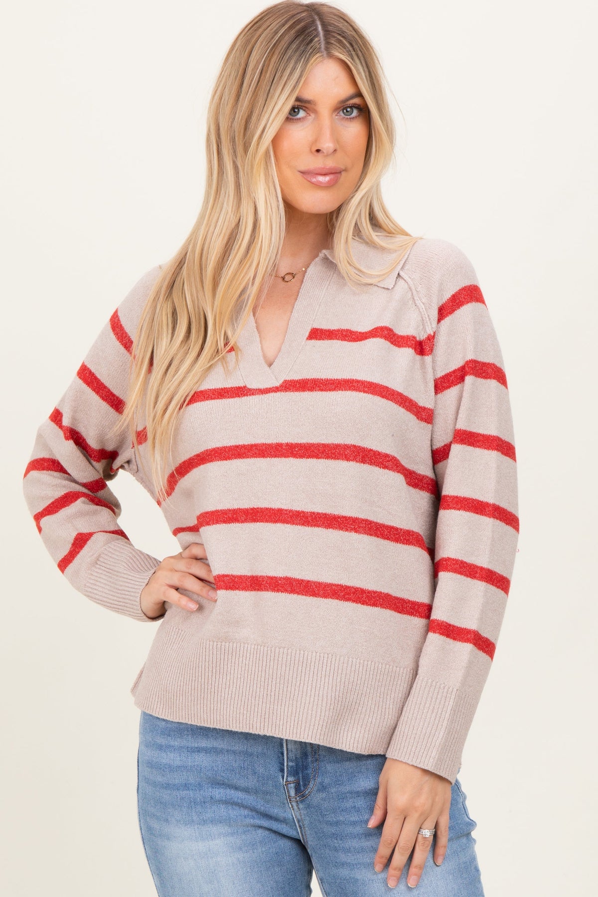 Beige Striped Oversized Polo Maternity Sweater