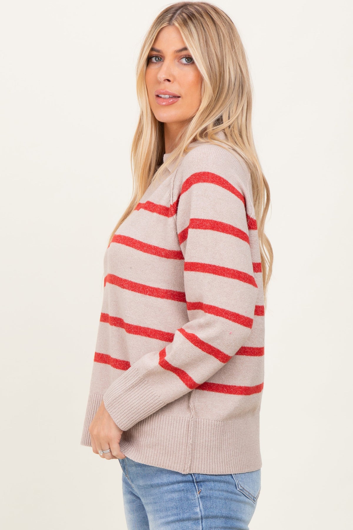 Beige Striped Oversized Polo Sweater