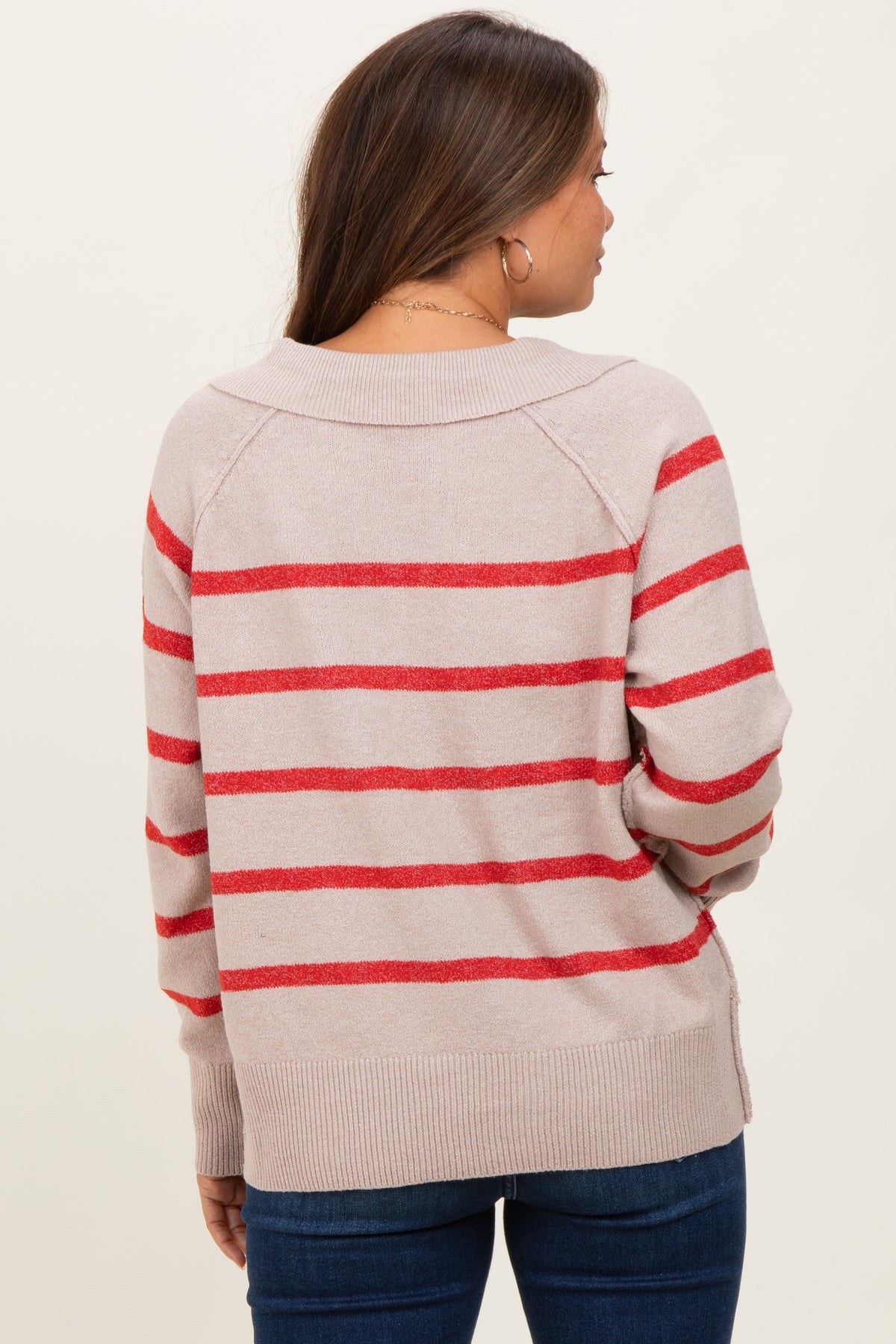 Beige Striped Oversized Polo Maternity Sweater
