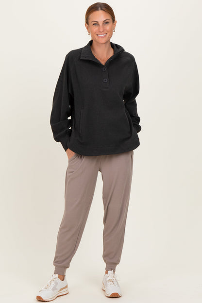 Black Brushed Knit Button Collar Pullover