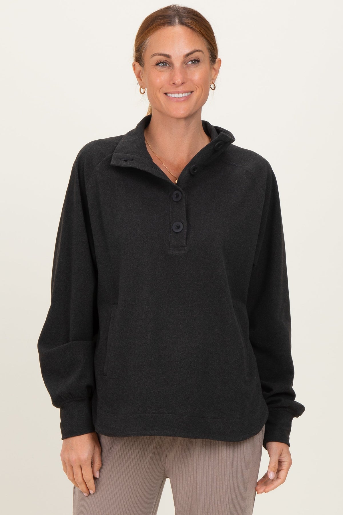 Black Brushed Knit Button Collar Maternity Pullover