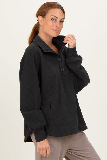 Black Brushed Knit Button Collar Pullover