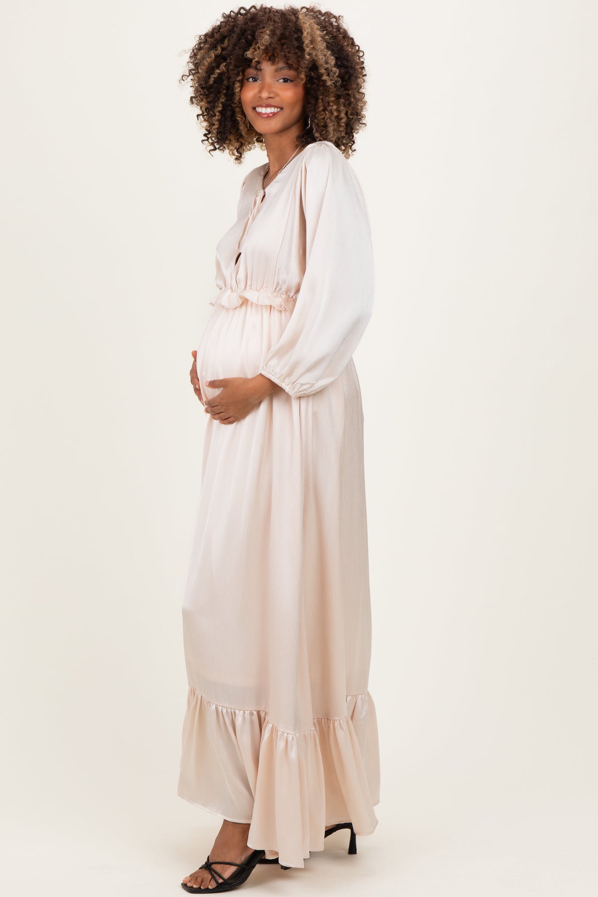 Beige Solid Satin Long Sleeve Open V-Neck Ruffle Waist Tiered Maternity Maxi Dress