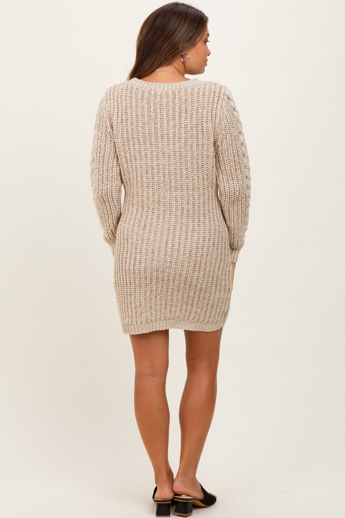 Beige Two Tone Cable Knit Maternity Mini Sweater Dress