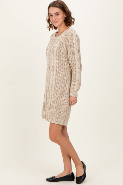 Beige Two Tone Cable Knit Mini Sweater Dress