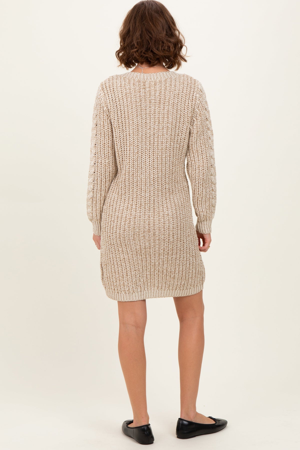 Beige Two Tone Cable Knit Mini Sweater Dress