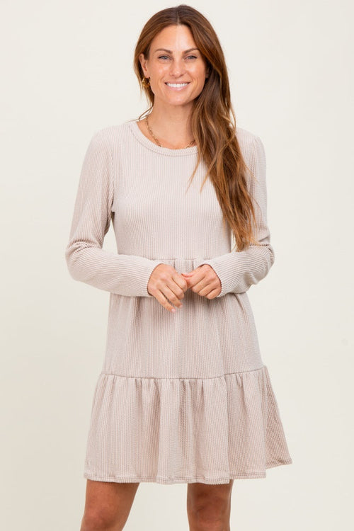 Beige Textured Rib Tiered Long Sleeve Dress