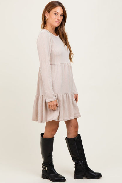 Beige Textured Rib Tiered Long Sleeve Dress